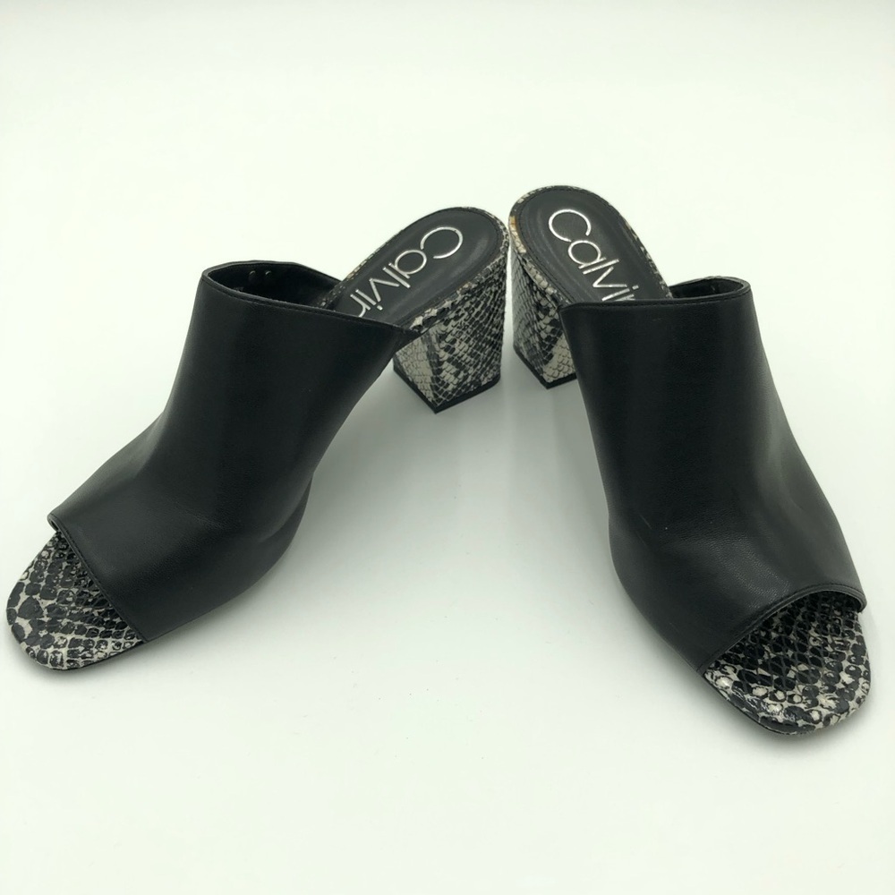 Calvin Klein Black and White Snake Print Mule Open Toe Heels Size 10